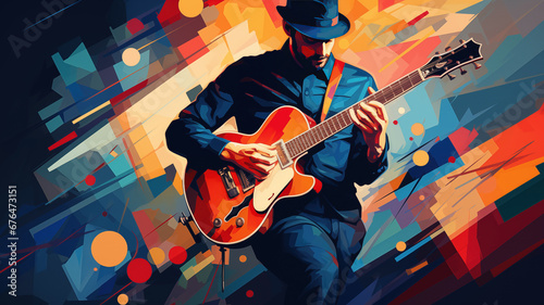 Guitarist in the style of bright geometric abstractions by Generative AI photo