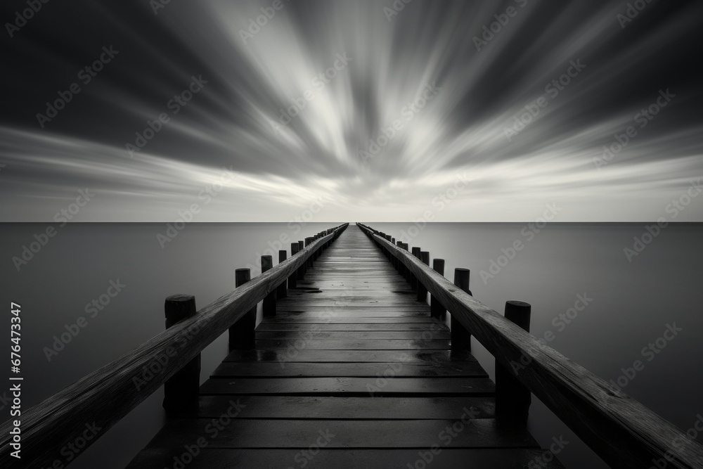 Old wooden dock in black and white.