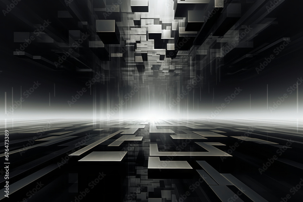 Abstract black and white background. Geometric shapes, nothingness, apocalyptic, futuristic.