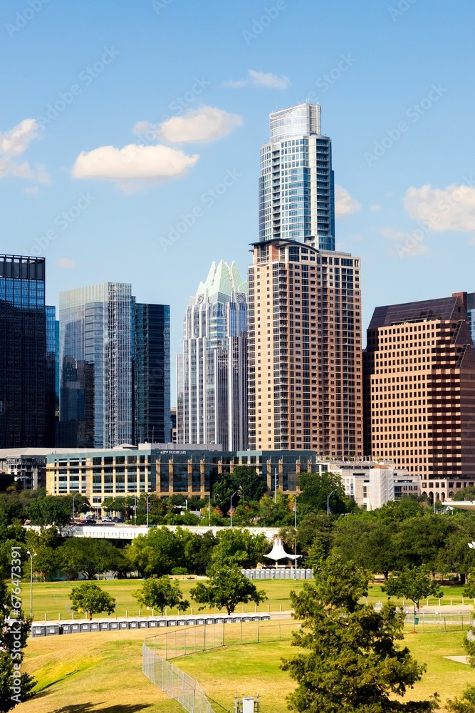 Vertical shot of the beautiful park and buildings located in Austin, Texas