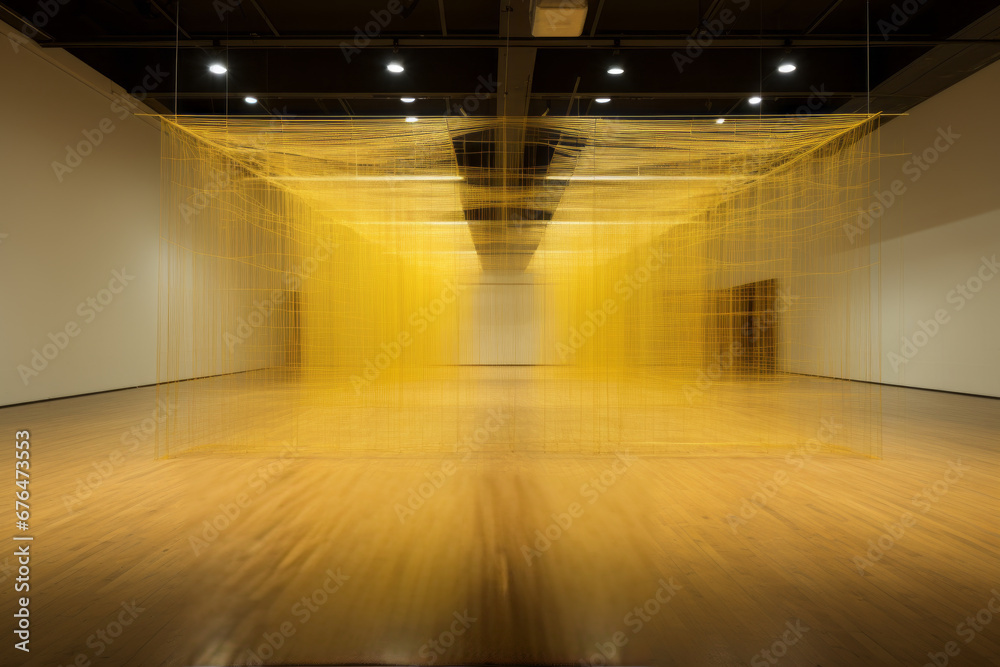Abstract art installation of bright yellow thread in an empty room. Abstract art installation of bright yellow thread in an empty room.