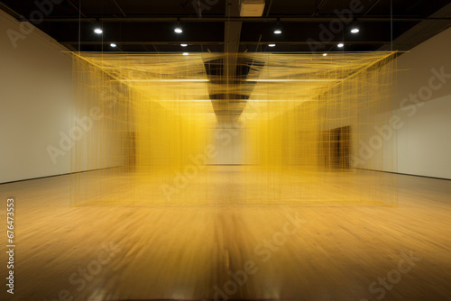 Abstract art installation of bright yellow thread in an empty room.