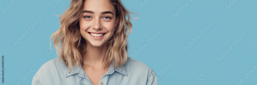 Naklejka premium Beautiful American good woman nice fashion half body eye contact