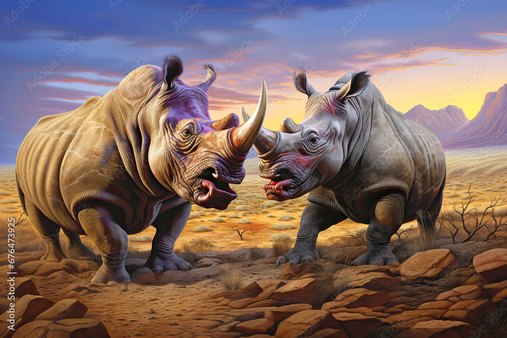 Fototapeta premium Two wild rhinoceros fighting, Asia, AI Generated