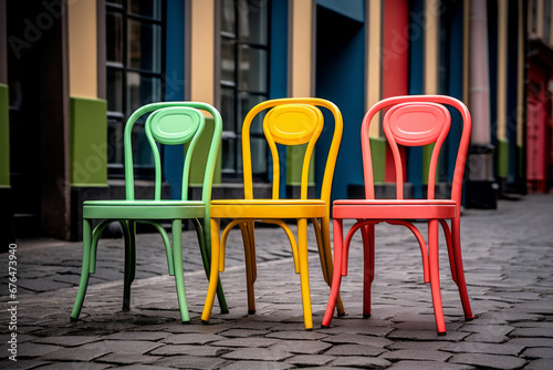Three vintage chairs in the bohemian quarter of the city. Colorful  cheerful.