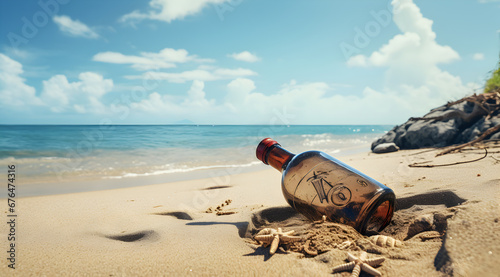 Old bottle of rum washed out at sea shore. Buried in sand for years. photo