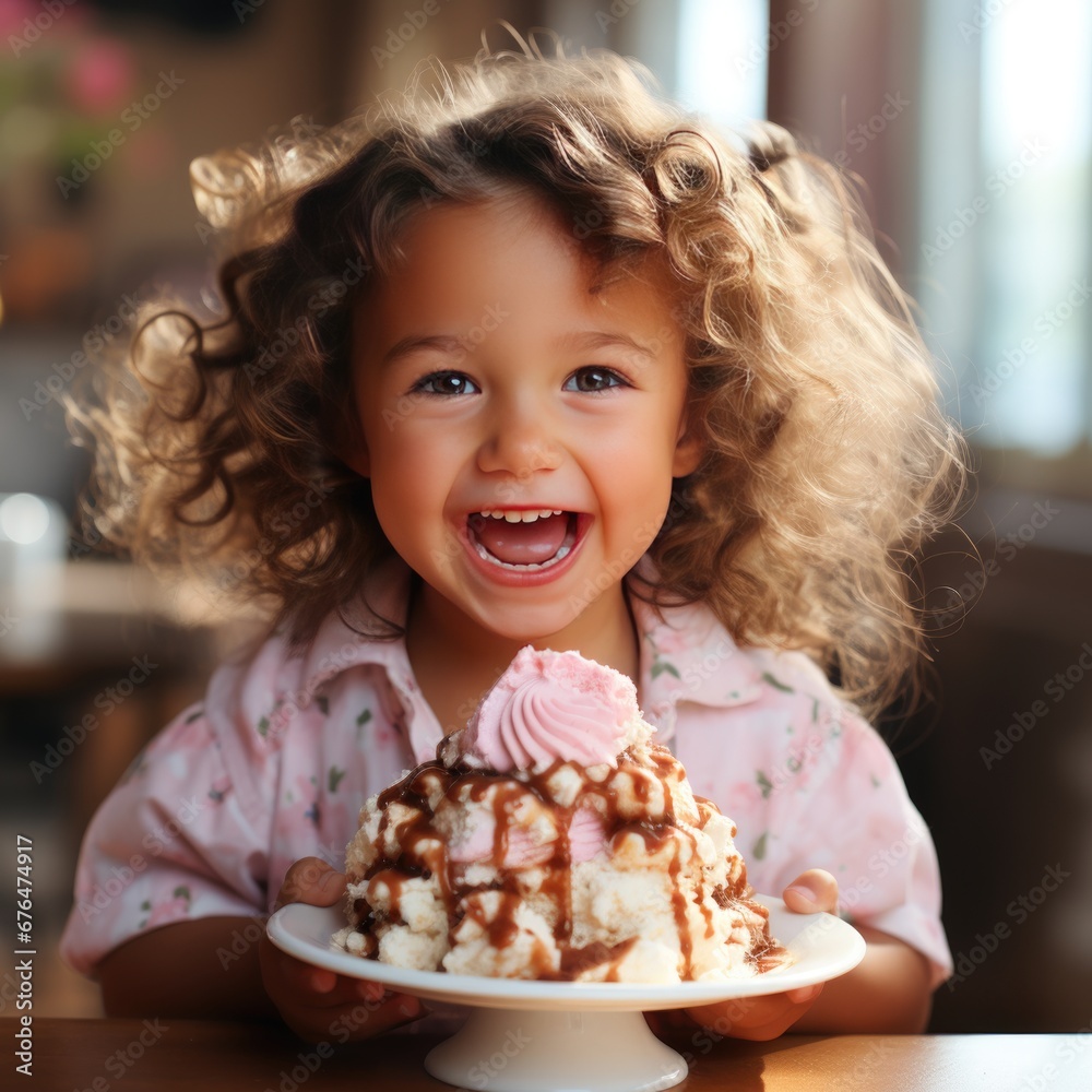 Cute exciting joyful girl holding birthday cake with cream or ice cream with decoration. The joy of sweetness. Cute exciting joyful girl holding birthday cake with cream or ice cream with decoration. The joy of sweetness.
