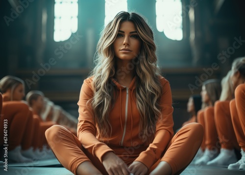 women's prison. Girls in identical clothes - orange tracksuits are sitting on the floor. workout photo