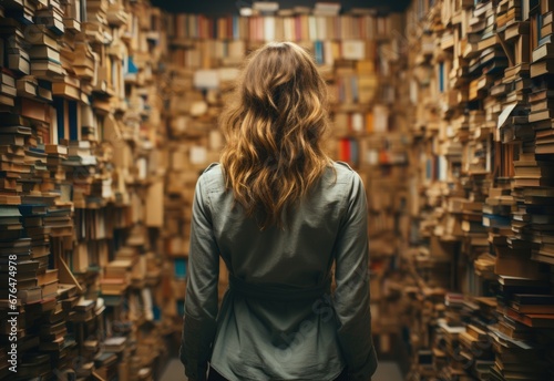 View of a girl from the back in the library archive, stacks of books up to the ceiling on all sides.