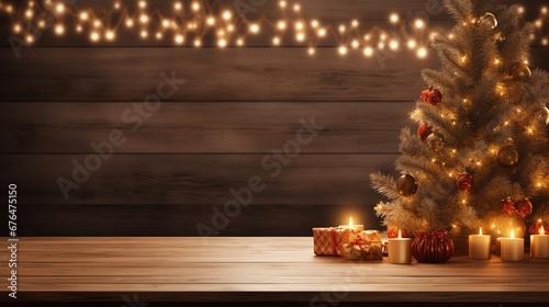 Warm winter Christmas background with illuminations, lights, Christmas tree. Wooden table. Copy space. Generative ai technology