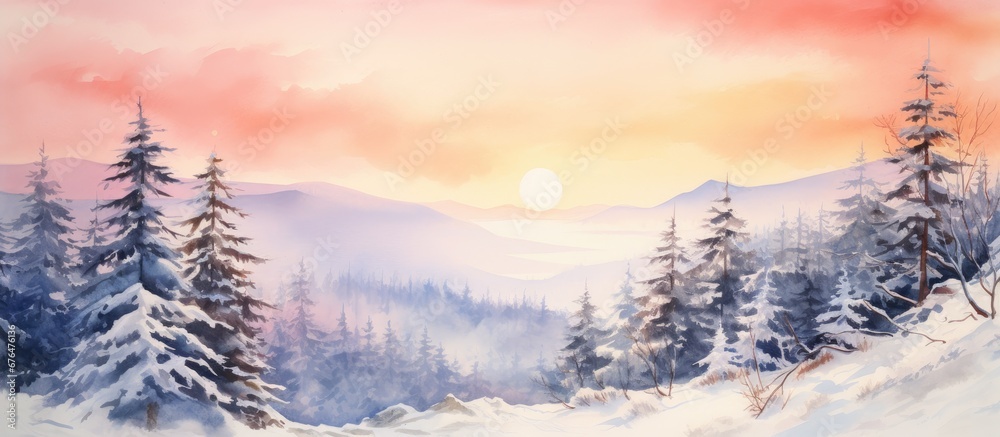 Fototapeta premium I created a stunning watercolor painting of a serene landscape capturing the beauty of snow capped mountains and frost kissed fir and spruce trees as the warm hues of the sunrise and sunset