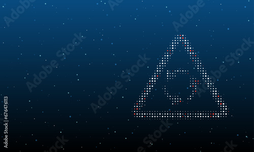 On the right is the roundabout symbol filled with white dots. Background pattern from dots and circles of different shades. Vector illustration on blue background with stars