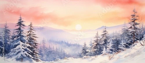 I created a stunning watercolor painting of a serene landscape capturing the beauty of snow capped mountains and frost kissed fir and spruce trees as the warm hues of the sunrise and sunset photo