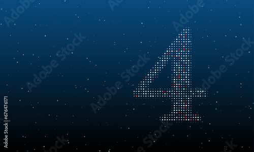 On the right is the number four symbol filled with white dots. Background pattern from dots and circles of different shades. Vector illustration on blue background with stars