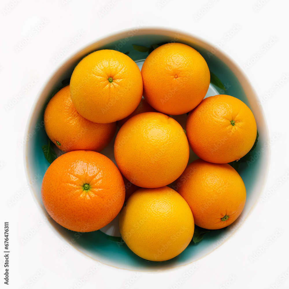 Several oranges in a plate with a top view on a white background. Generative AI Several oranges in a plate with a top view on a white background. Generative AI