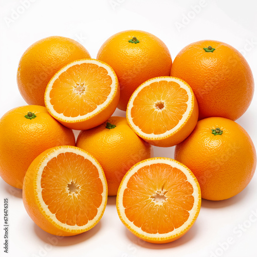 Lots of whole and halved oranges on a white background. Generative AI
