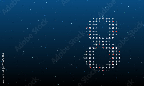 On the right is the number eight symbol filled with white dots. Background pattern from dots and circles of different shades. Vector illustration on blue background with stars