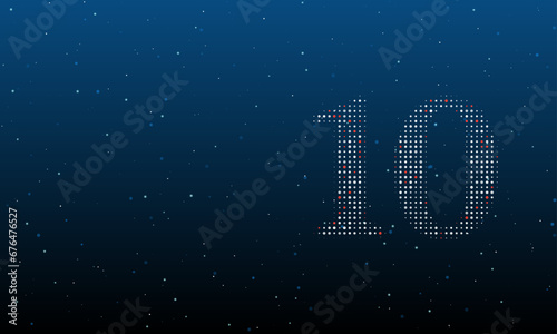 On the right is the number ten symbol filled with white dots. Background pattern from dots and circles of different shades. Vector illustration on blue background with stars