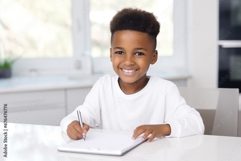 A smiling African American boy is writing on a tablet. A smiling African American boy is writing on a tablet.