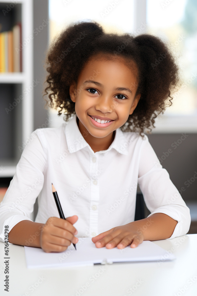 A smiling African American girl is writing on a tablet. A smiling African American girl is writing on a tablet.
