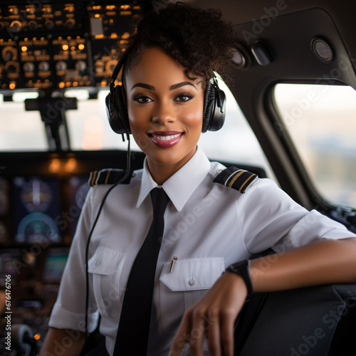Black female pilot of a commercial airplane. © DALU11