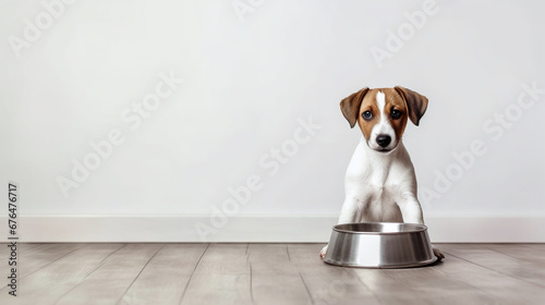  hungry dog siting on the ground with a empty bowl waiting for feeding 