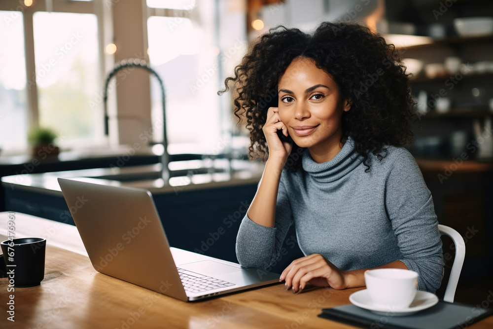 African American Female entrepreneur talking over mobile phone and looking at camera while working over laptop at home African American Female entrepreneur talking over mobile phone and looking at camera while working over laptop at home