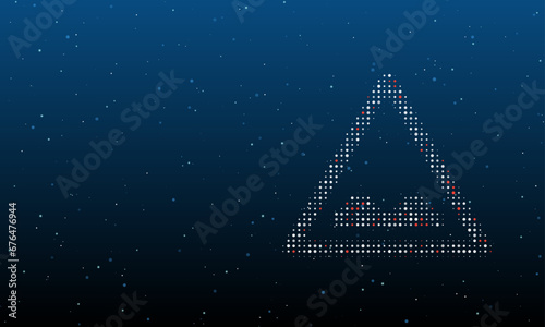 On the right is the rough road symbol filled with white dots. Background pattern from dots and circles of different shades. Vector illustration on blue background with stars