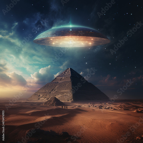 UFO next to an Egyptian pyramid.