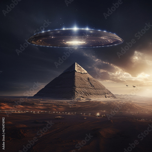 UFO next to an Egyptian pyramid.