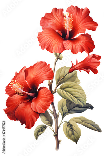 Hibiscus or Rose of Sharon branch with red flower, transparent background