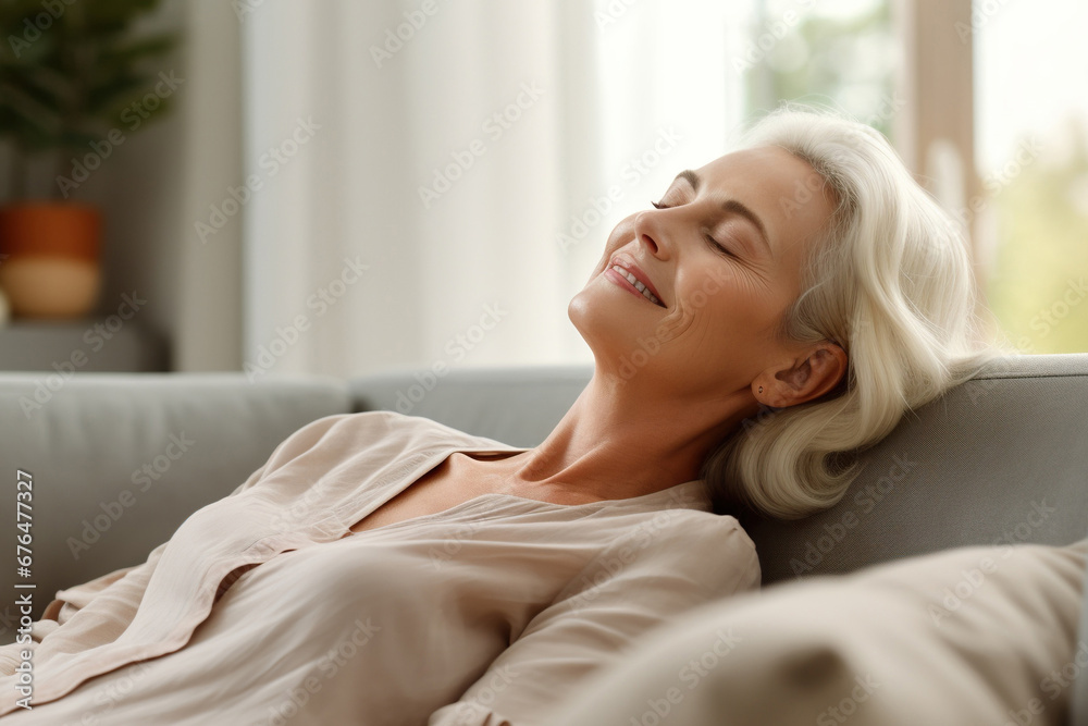 Cheerful sleepy blonde older lady lying on couch