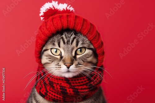 Cat wearing a Winter Scarf and Hat on a Red Background with Space for Copy