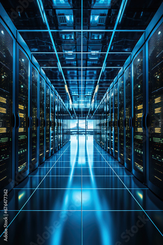 Close up of a modern data center with racks of servers, cooling systems, and technicians managing the digital infrastructure that powers our interconnected world