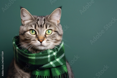 Cute Cat Dressed in a Green Plaid Scarf with Space for Copy