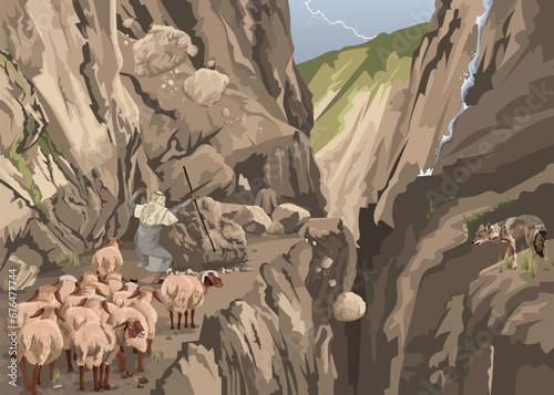 Shepherd leading sheep up to high, mountain pastures along dangerous valley path with rockfall, predator and approaching storm. Biblical image depicting Psalm 23: 4