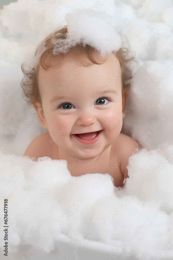 Extreme close up, Cute baby in bathtub with foam