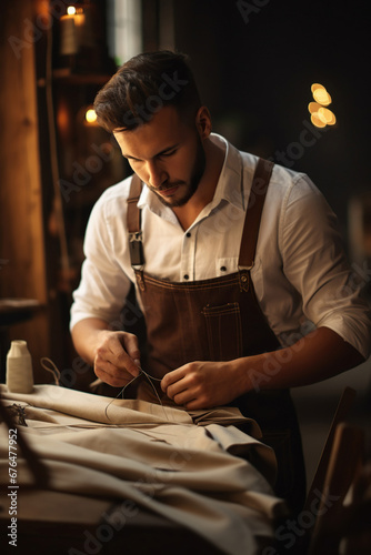 A tailor male with beard and glasses in white shirt with brown leather suspenders working near wooden table with threads