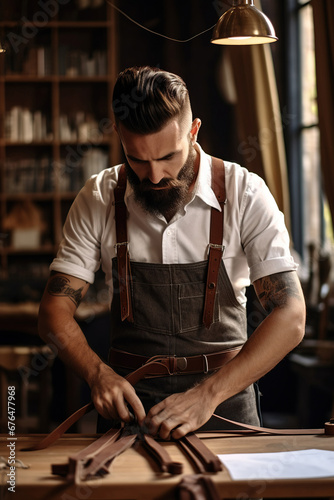 A tailor male with beard and glasses in white shirt with brown leather suspenders working near wooden table with threads