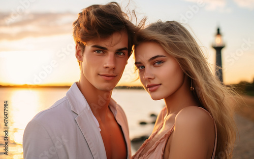 A handsome 20yo man and a beautiful 20yo girl. Love vibe couple. © AI_images