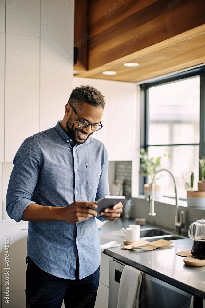 Happy African American businessman discussing financial report over smart phone while standing at kitchen counter Happy African American businessman discussing financial report over smart phone while standing at kitchen counter