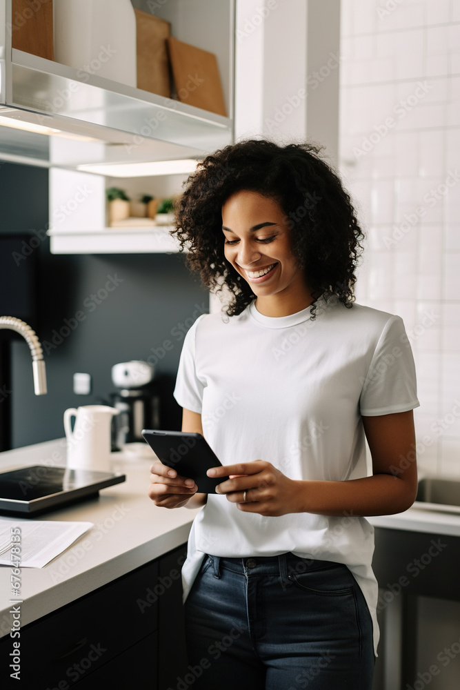 Happy African American businesswoman discussing financial report over smart phone while standing at kitchen counter Happy African American businesswoman discussing financial report over smart phone while standing at kitchen counter