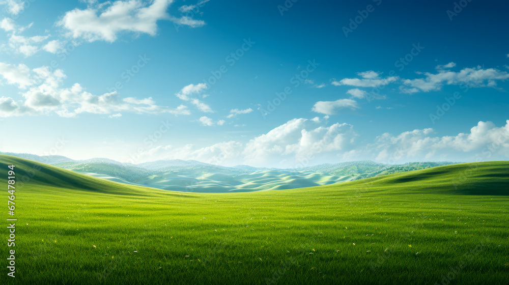 An idyllic countryside view featuring a green grassy field and a bright blue summer sky An idyllic countryside view featuring a green grassy field and a bright blue summer sky