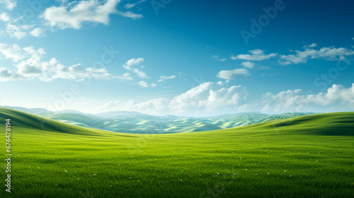 An idyllic countryside view featuring a green grassy field and a bright blue summer sky