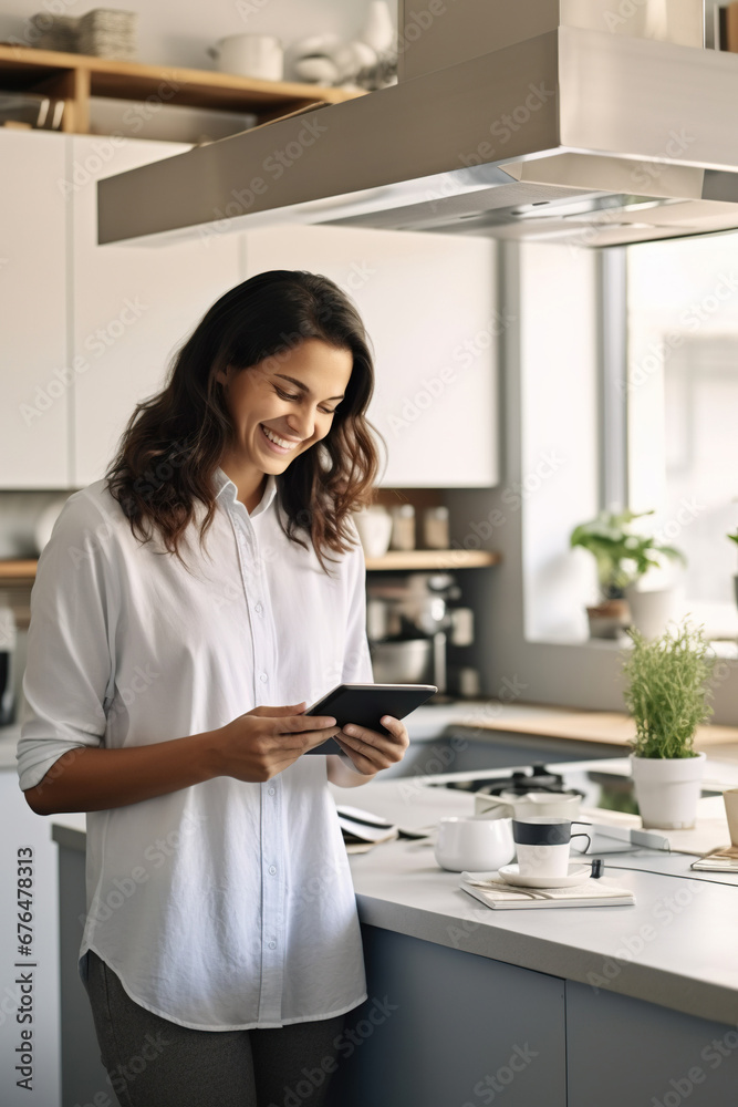 Happy businesswoman discussing financial report over smart phone while standing at kitchen counter