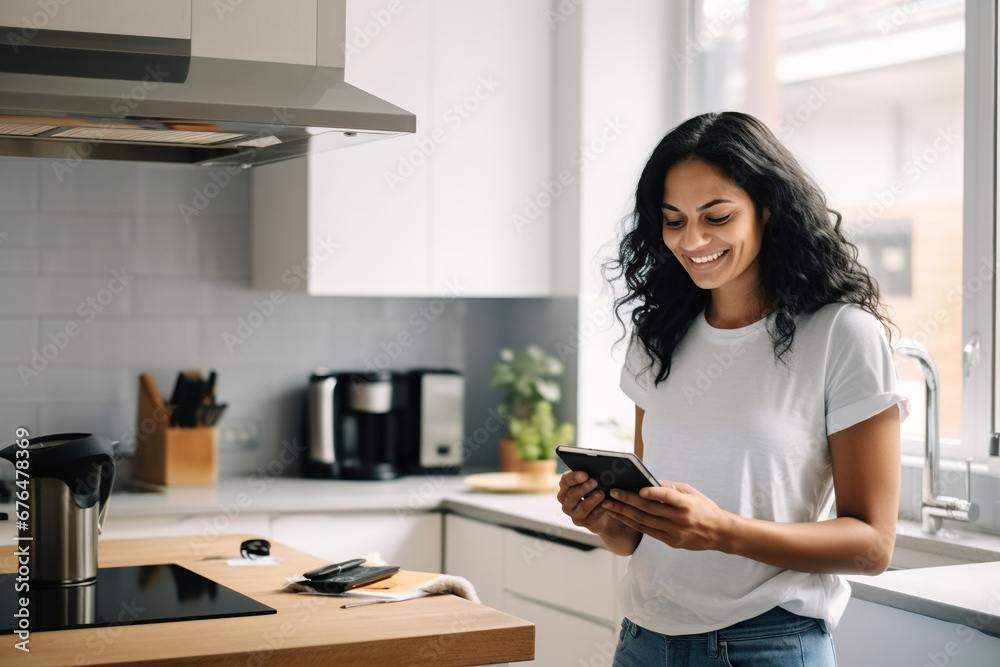 Happy Latin businesswoman discussing financial report over smart phone while standing at kitchen counter Happy Latin businesswoman discussing financial report over smart phone while standing at kitchen counter