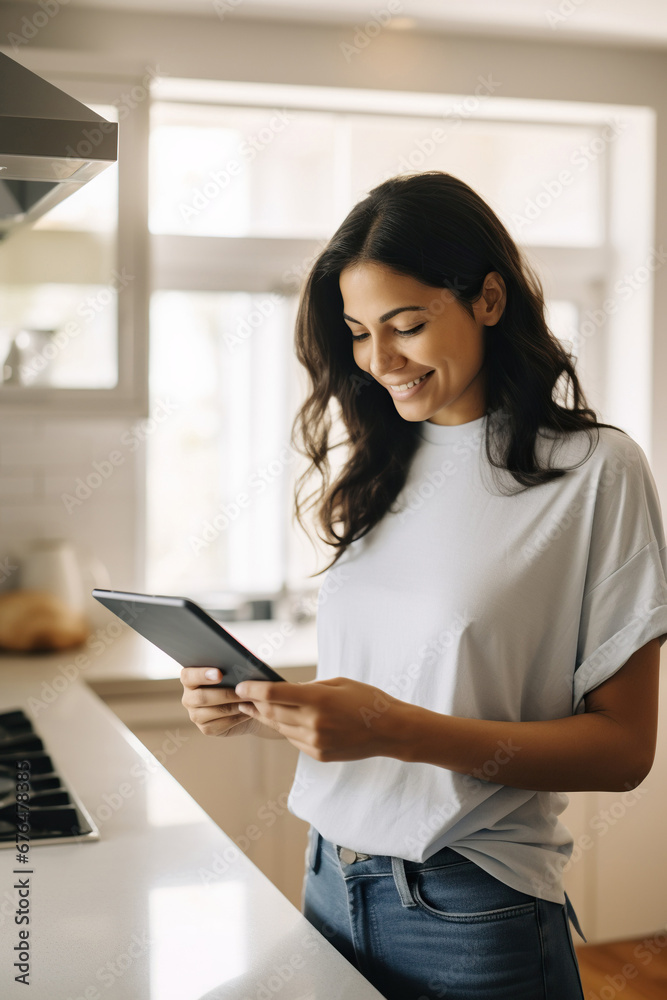 Happy Latin businesswoman discussing financial report over smart phone while standing at kitchen counter Happy Latin businesswoman discussing financial report over smart phone while standing at kitchen counter