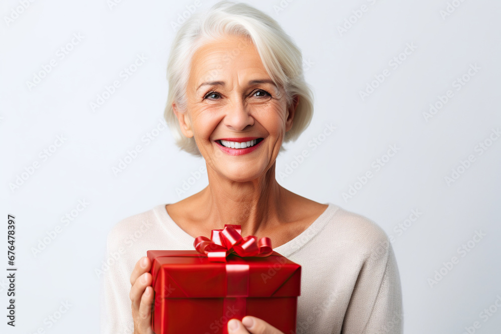 Happy Mature Woman Holding a Red Christmas Present on a Light Grey Background with Space for Copy Happy Mature Woman Holding a Red Christmas Present on a Light Grey Background with Space for Copy