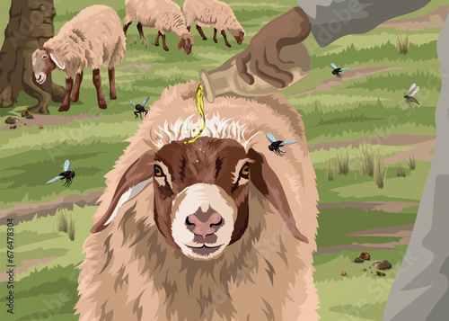 Shepherd pouring oil over sheep's head to stop annoying flies. Biblical image depicting Psalm 23:5.