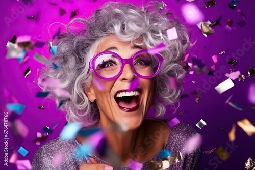 Woman in 80s style clothes in sun glasses on nightclub with confetti isolated purple color background